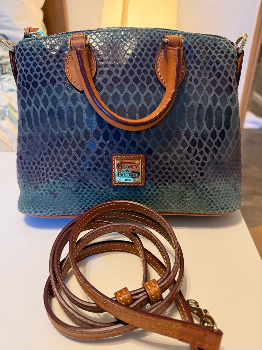 Dooney & Bourke Teal Snake-Embossed Leather Satchel with Brown Trim